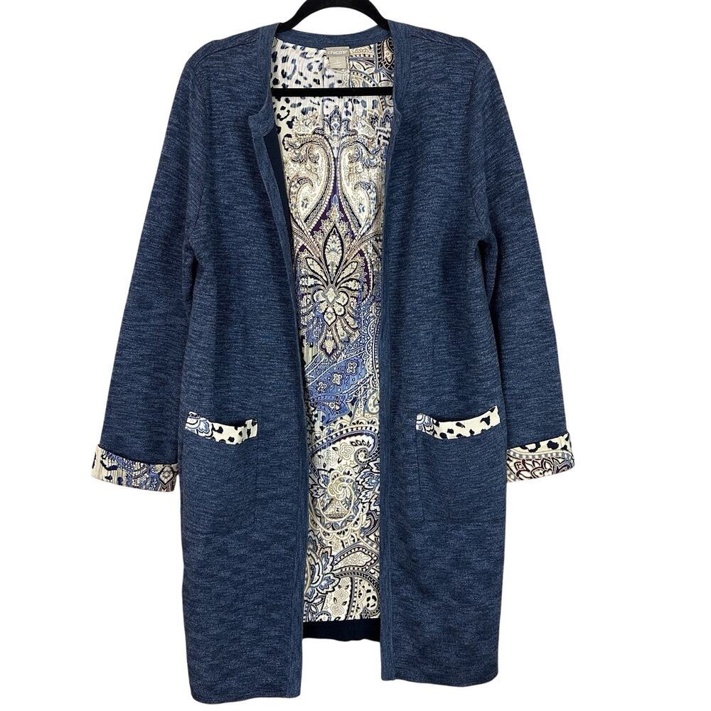 Chicos Paisley Leopard-Print Detail Cardigan Womens 2 US Large Blue Open Front